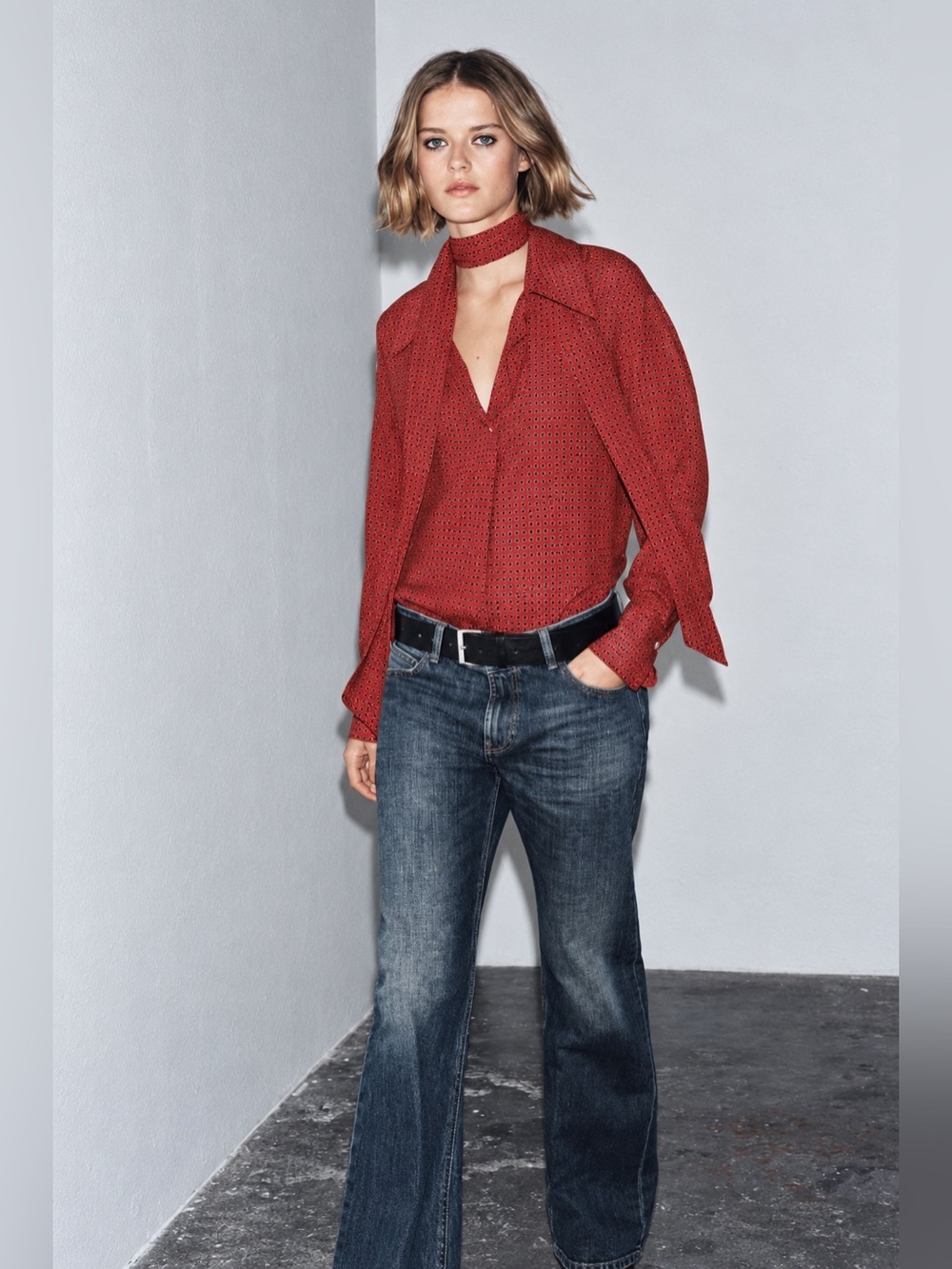 Zara ZW Collection Red Printed Bow-Tie Blouse NWT | Medium